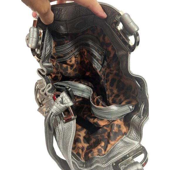 B. Makowsky Gunmetal Metallic Leather Zipper Tassels Tote Shoulder Bag $298 - Picture 4 of 7